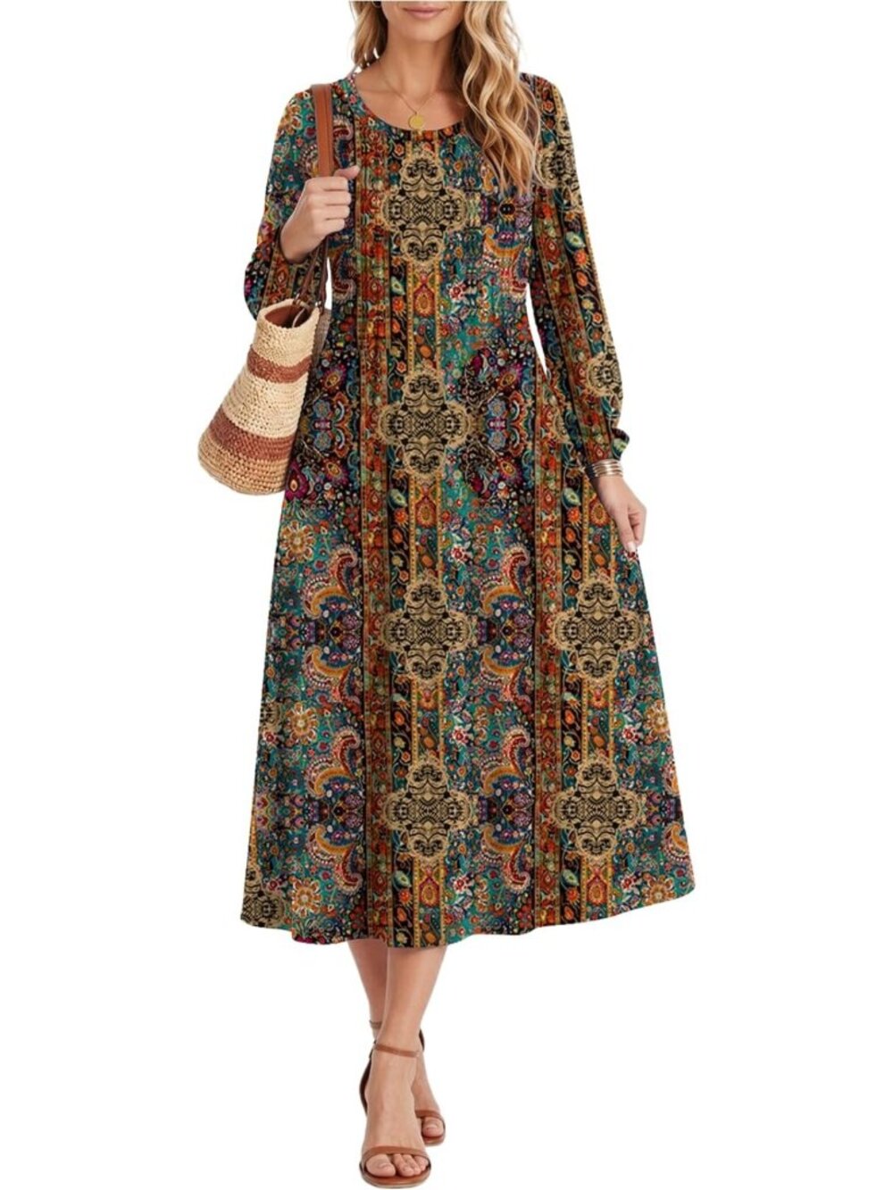 Casual Long Sleeve Midi Dress for Women | A-Line Pleated Flare with Pockets